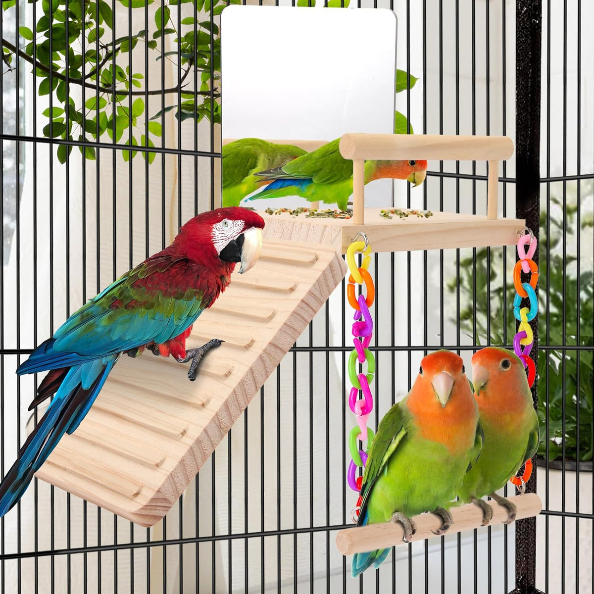 KyoukiBird Perch Platform Bird Toys with Bird Mirror Climbing Ladder Swing, Parakeet Cage