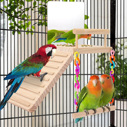KyoukiBird Perch Platform Bird Toys with Bird Mirror Climbing Ladder Swing, Parakeet Cage