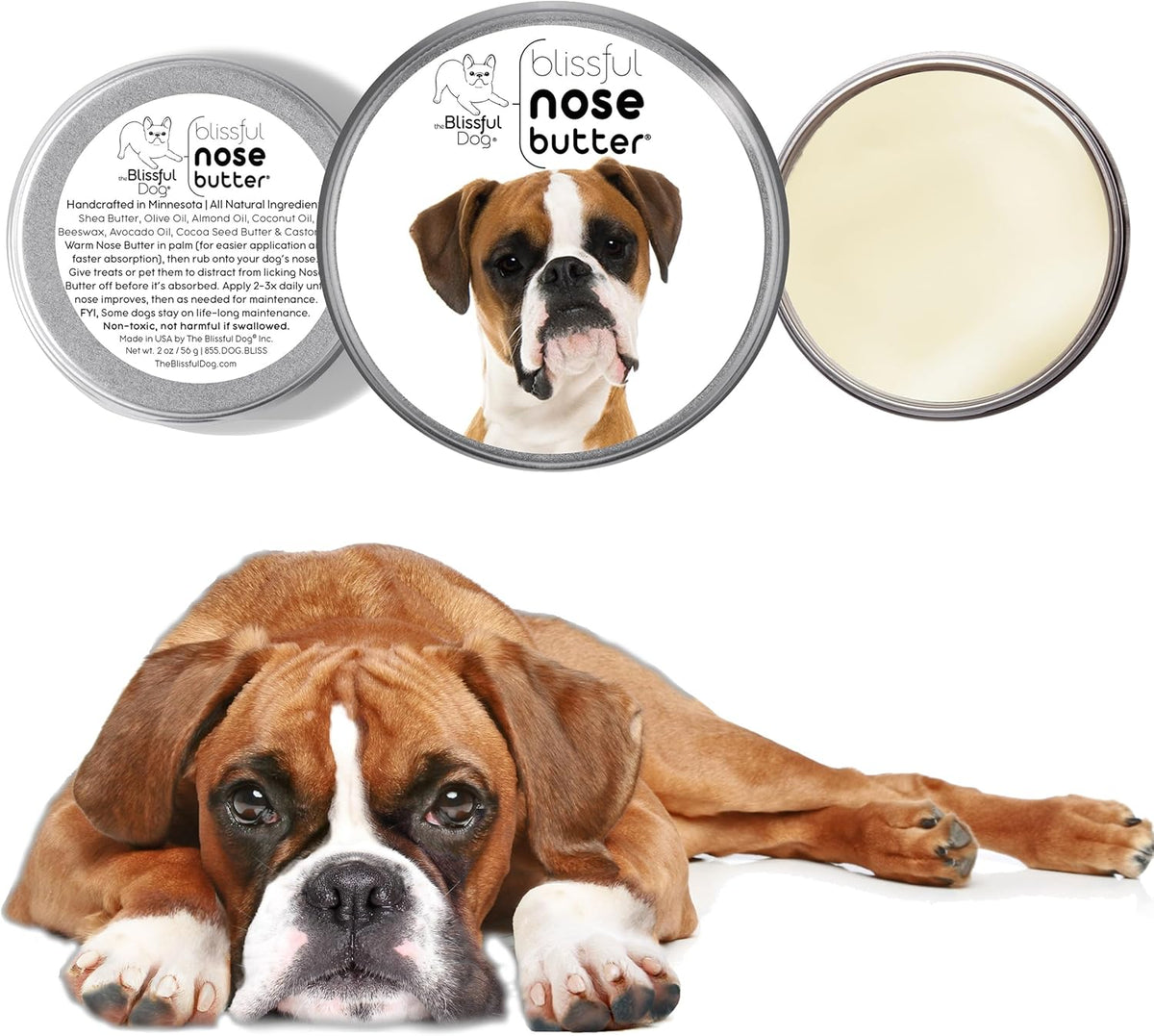 The Blissful Dog Fawn Boxer Nose Butter for Dry, Cracked Skin, Lick-Safe Dog Nose Balm with