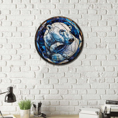 Lygond Metal Sign Tin Sign Circular Stained Glass Polar Bear Minimalist Wall Art for Gift 12×12
