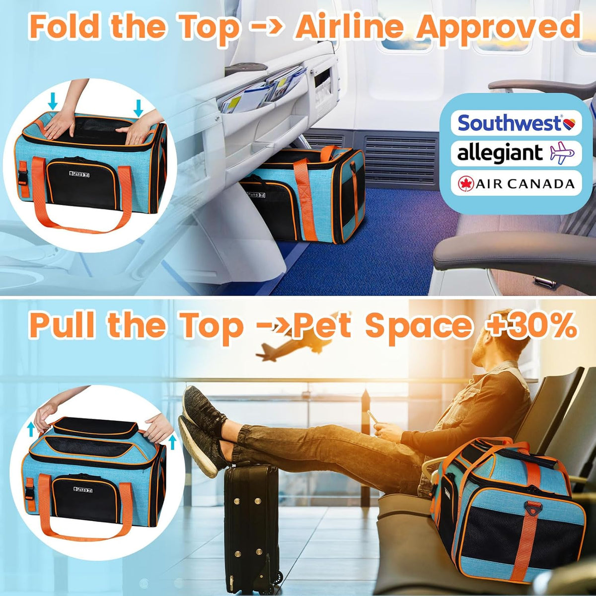 Petskd Top-Expandable Pet Carrier 19x13x9 Inches Southwest Allegiant Airlines Approved, Soft-Sided