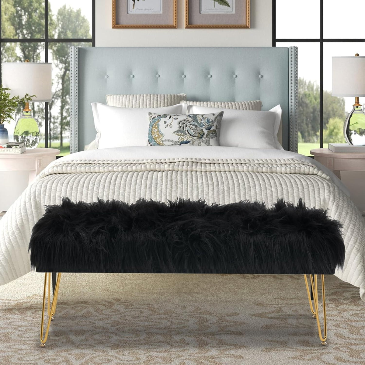 42.5 Inch Black Bedroom Bench, Benches for Bedroom White Faux Fur Upholstered Bed end Bench