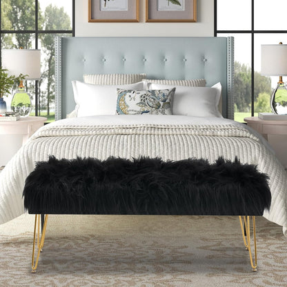 42.5 Inch Black Bedroom Bench, Benches for Bedroom White Faux Fur Upholstered Bed end Bench