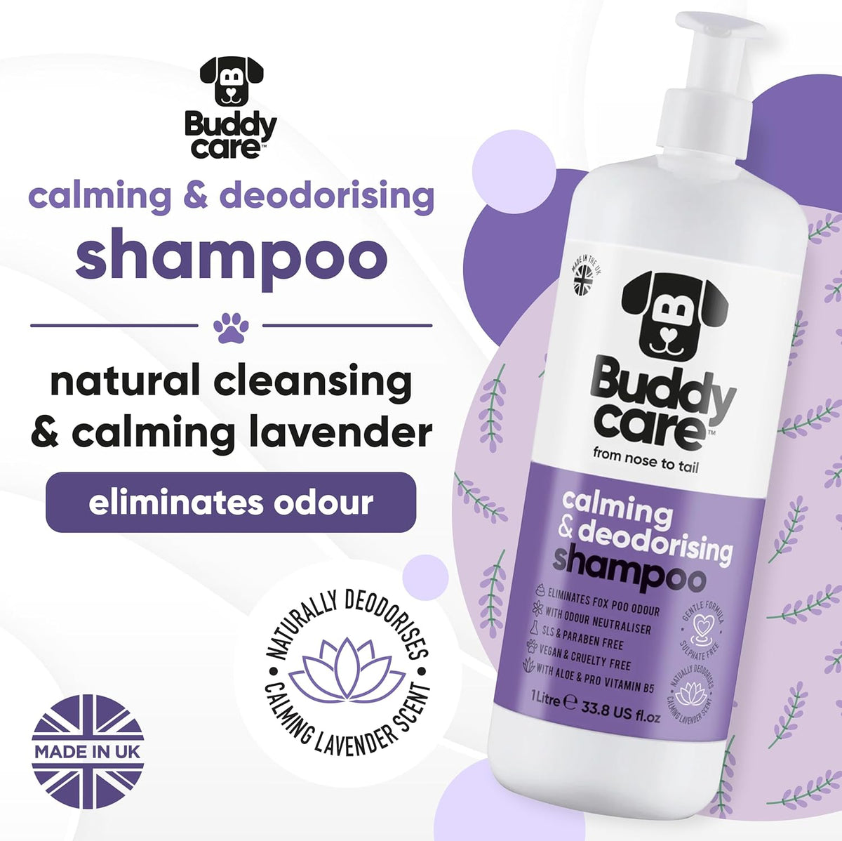 Calming & Deodorising Dog Shampoo by Buddycare | Lavender Scented | with Aloe Vera and Pro Vitamin