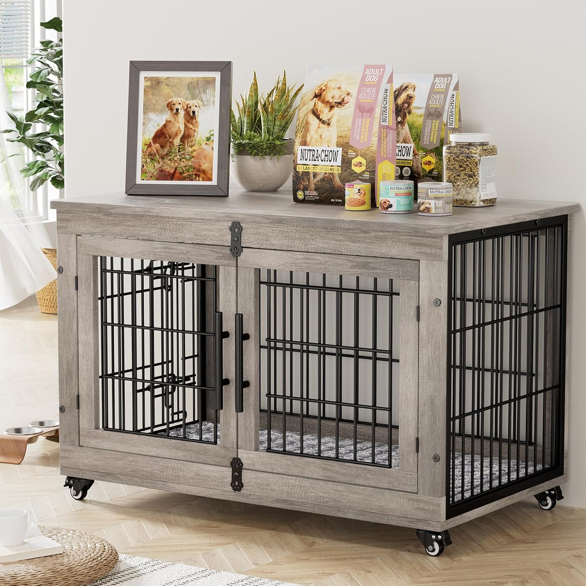 Lulive Large Dog Crate Furniture, 38'' Wooden Dog Crate End Table, Double Door Dog Kennel Indoor