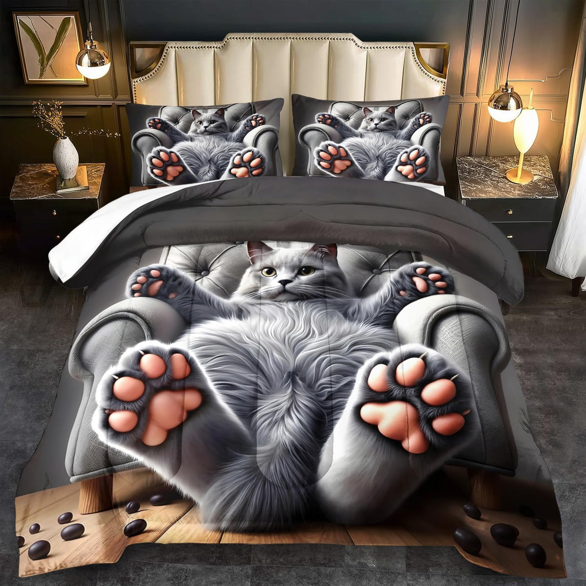 Cute Cat Comforter Set Full,Grey Kawaii Cat Bedding Set Adult,Cute Animal Comforter for