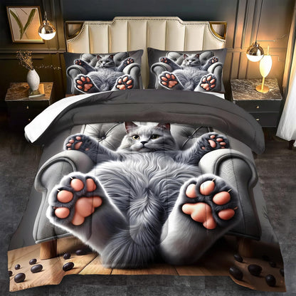 Cute Cat Comforter Set King,Grey Kawaii Cat Bedding Set Adult,Cute Animal Comforter for