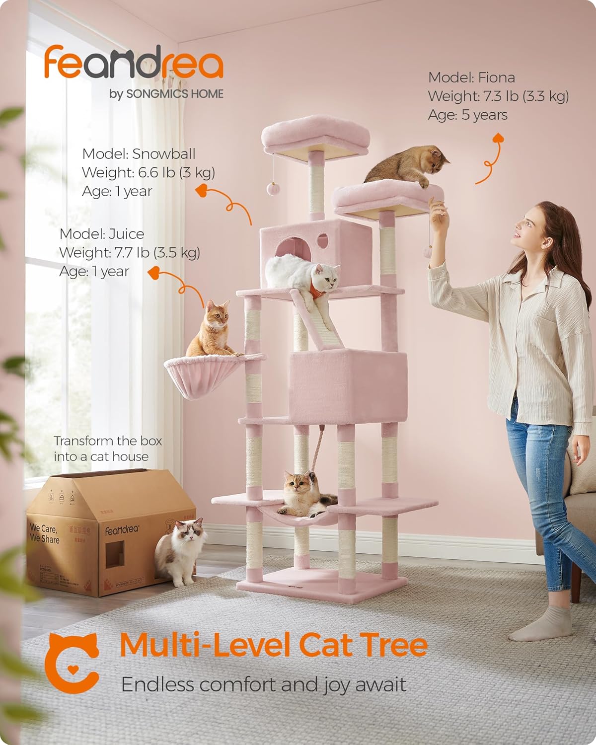 Feandrea Cat Tree, 81.1-Inch Large Cat Tower with 13 Scratching Posts, 2 Perches, 2 Caves, Basket