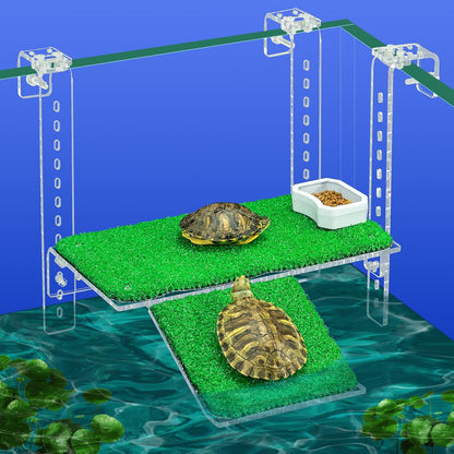 Adjustable Hanging Turtle Dock with Anti-Slip Artificial Grass Basking Platform Sturdy Acrylic Ramp