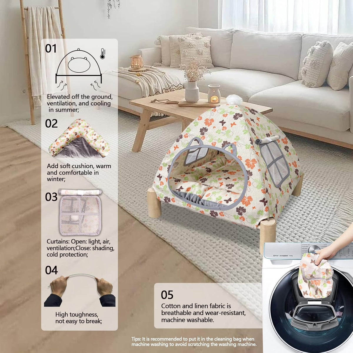 2-in-1 Elevated Cat Tent Cat House, Quick Assembly and Disassembly, Portable Indoor/Outdoor Cute