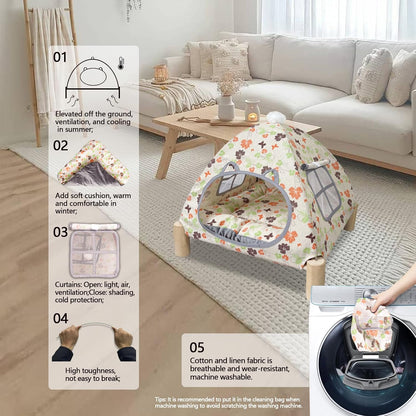 2-in-1 Elevated Cat Tent Cat House, Quick Assembly and Disassembly, Portable Indoor/Outdoor Cute
