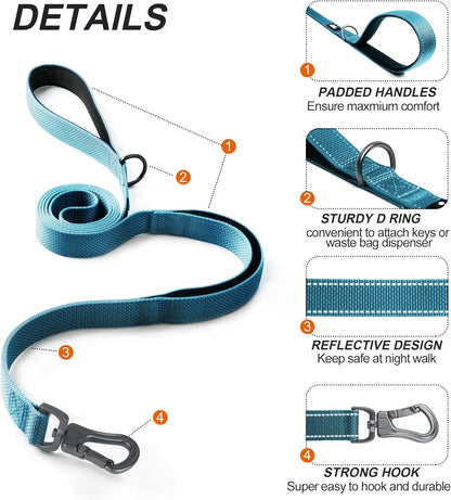 TwoEar 5FT 1IN Strong Blue Dog Leash with 2 Padded Handles, Traffic Handle Extra Control