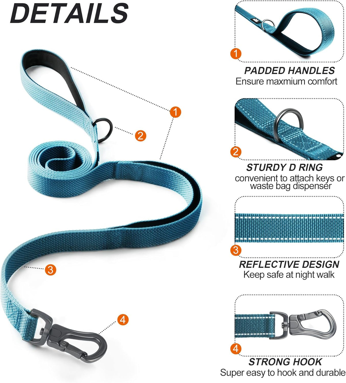 TwoEar 4FT 1IN Strong Blue Dog Leash with 2 Padded Handles, Traffic Handle Extra Control