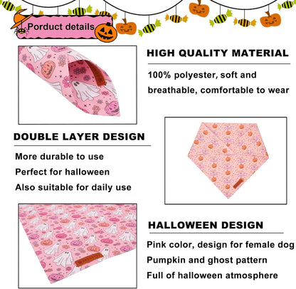 ADOGGYGO Halloween Dog Bandana, Pink Pumpkin Ghost Scarf, Adjustable Fit Female Halloween Bandanas