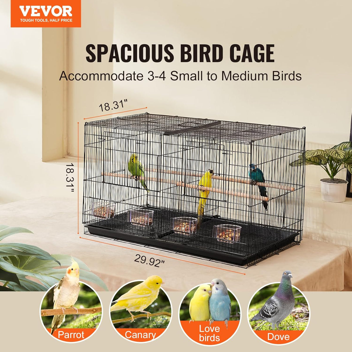 VEVOR 30-inch Flight Bird Cage, Stackable Divided Small Parakeet Cage for Parrots Canaries