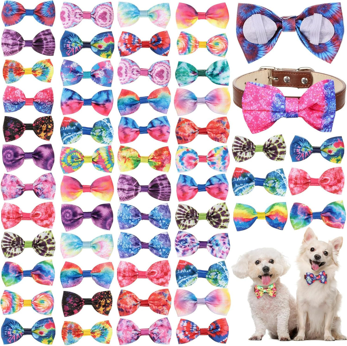Reginary 50 Pieces Dog Bow Ties Pet Collar Bow Puppy Collar Attachment with Rubber Bands for Small