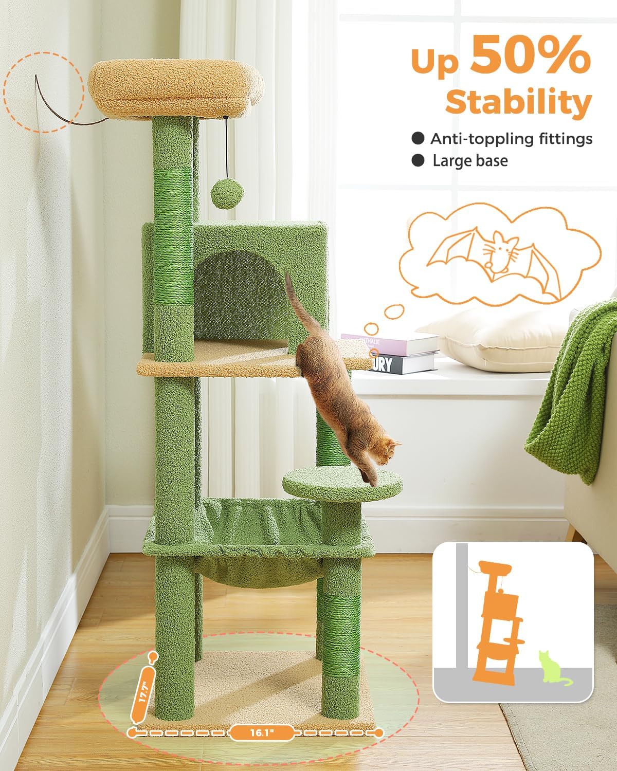Cactus Cat Tree for Indoor Cats, 45.7" Multi-Level Cat Tower with Large Metal Frame Hammock, Cat