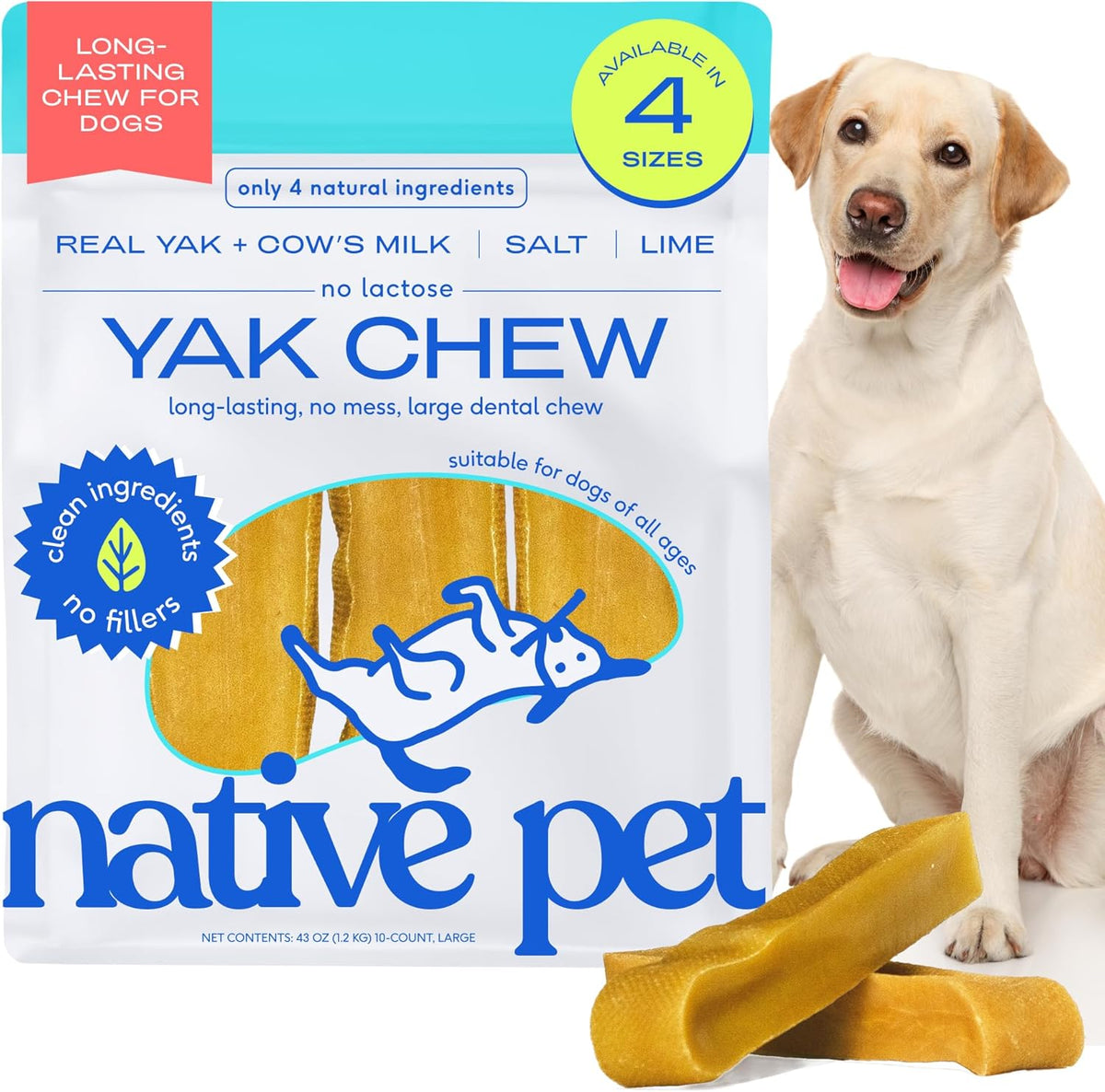 Native Pet Yak Cheese Himalayan Dog Chews - Long Lasting Dental Sticks for Large Breeds – 100% All