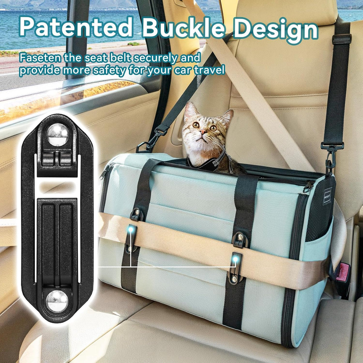 PETSFIT Soft-Sided Cat Carriers & Car Seats with Patent Safe Buckles, Clip-On Harness，18"x11"x11"