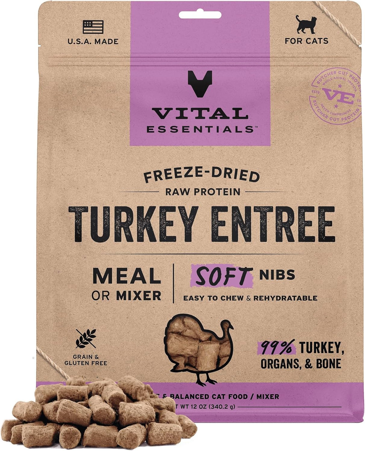 Vital Essentials Freeze-Dried Raw Turkey Meal or Mixer Cat Food Soft Nibs | 99% Turkey, Organs &
