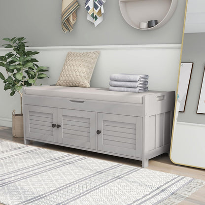 Storage Bench with 3 Shutter-Shaped Doors, Wood Shoe Bench with Removable Cushion and Hidden