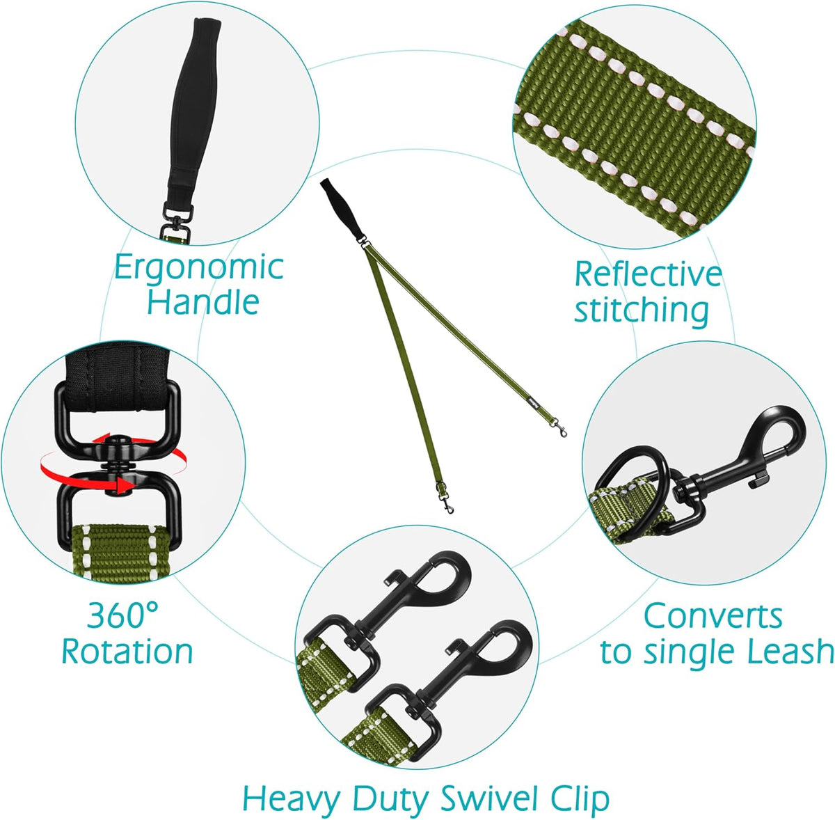 PetBonus Two Point Control Dog Leash, Works with No Pull Harnesses, No Tangle Dog Training Leashes