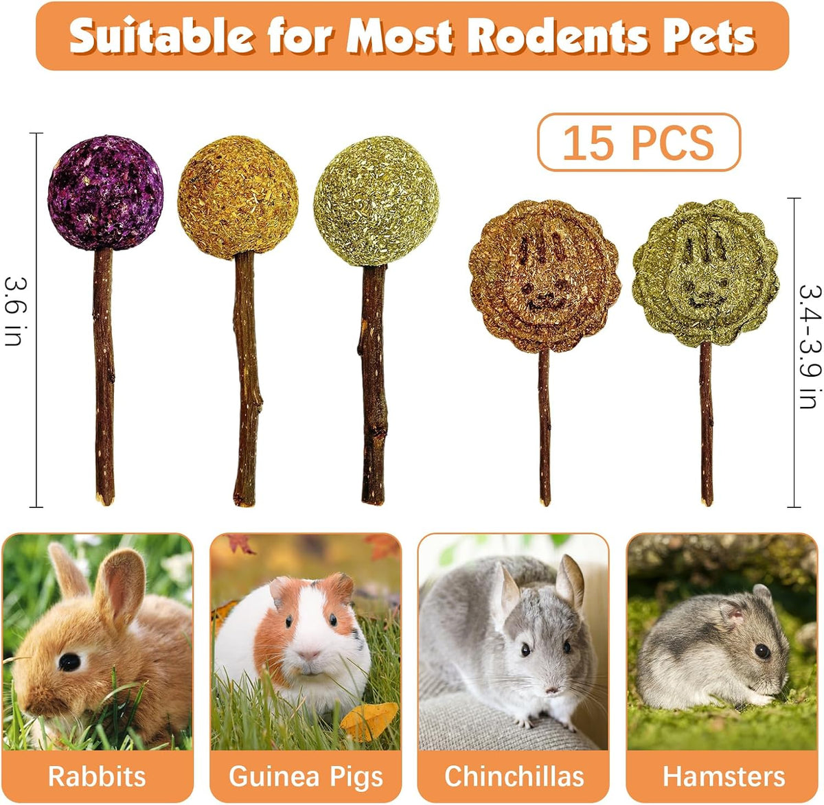 Fhiny Rabbit Chew Toys, 15 PCS Natural Bunny Lollipop Chew Sticks Handmade Guinea Pig Molar Treats