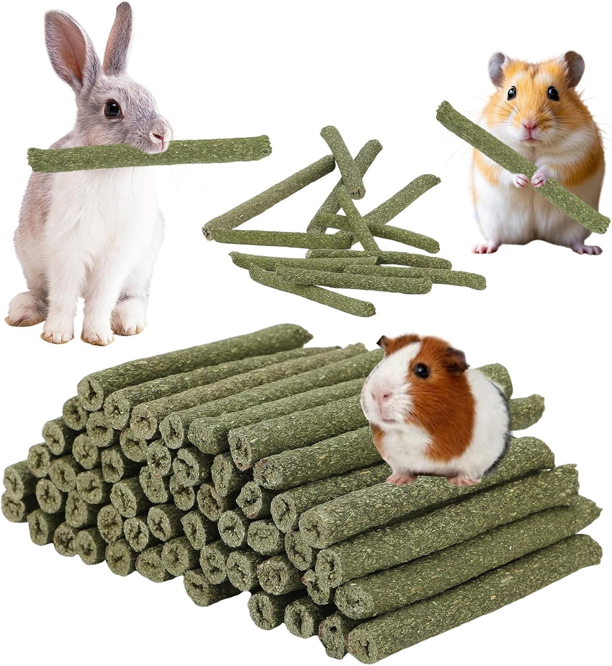 100PCS Timothy Hay Sticks for Rabbits Guinea Pigs Chinchillas Chew Treats, Natural Timothy Grass
