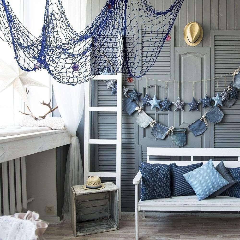 Nature Fish Net Wall Decoration with Shells, Ocean Themed Wall Hangings Fishing Net Party Decor for