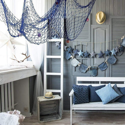 Nature Fish Net Wall Decoration with Shells, Ocean Themed Wall Hangings Fishing Net Party Decor for