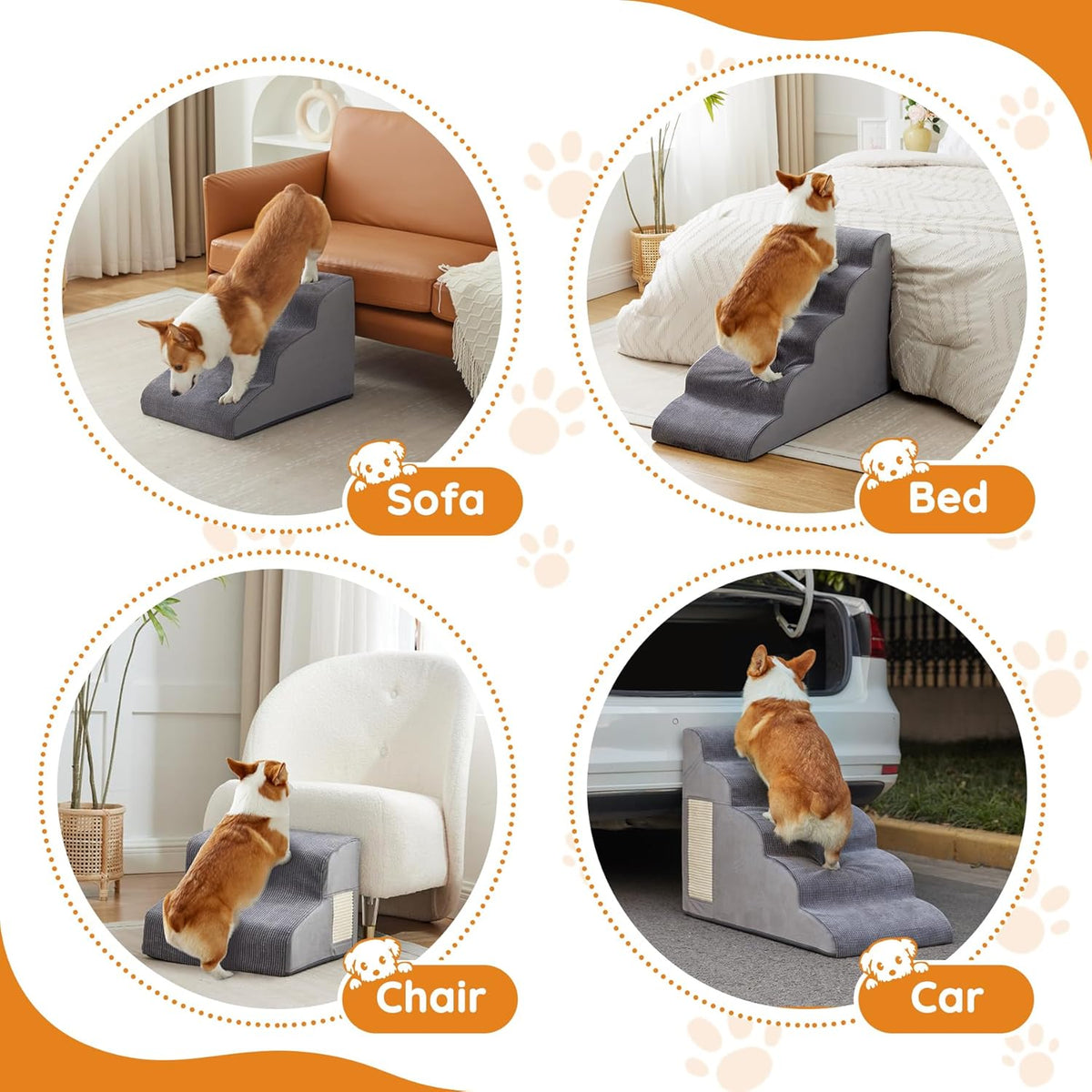 Pet Stairs, Dog Stairs for Small Dogs, Dogs Steps, 3-Step Curved Dog Ramp for Bed, Couch, Sofa, Car