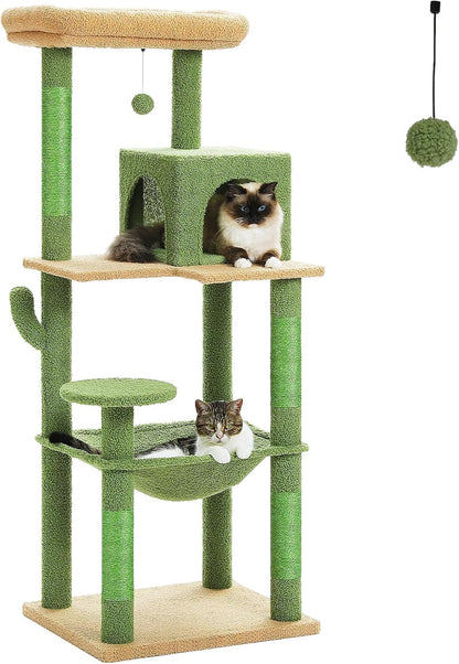 PETEPELA 56.3'' Tall Cat Tree for Indoor Cats, Cactus Cat Tower with Super Large Hammock