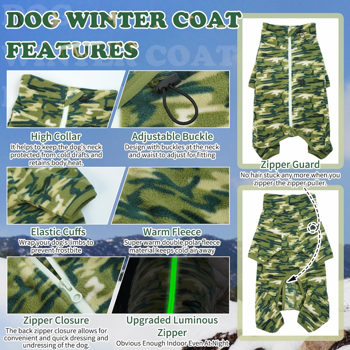 ROZKITCH Dog Long Sleeve Pajamas, Pet Windproof Warm Cold Weather Jacket Vest with Luminous Zipper
