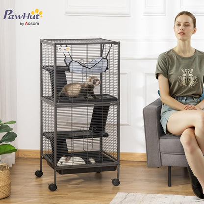 PawHut Metal Small Animal Cage, 4-Tiers Rolling Big Ferret Cage with Hammock, Removable Tray, for