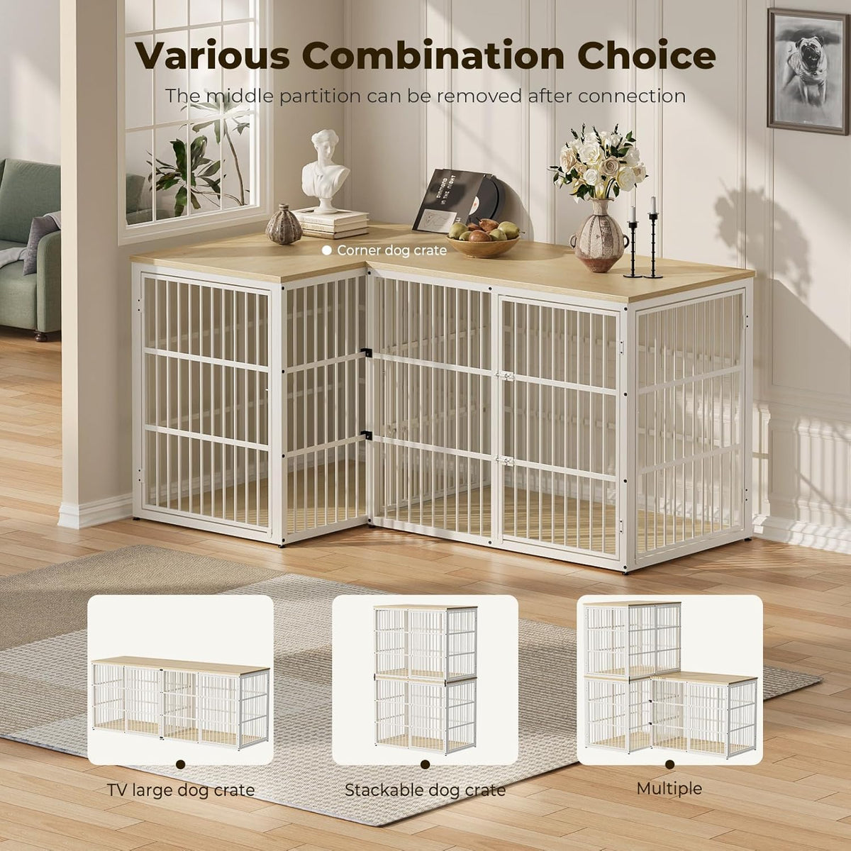 Lyromix 48'' XXL Dog Crate Furniture with 3 Doors,Wooden Crate End Table Heavy Duty Indoor