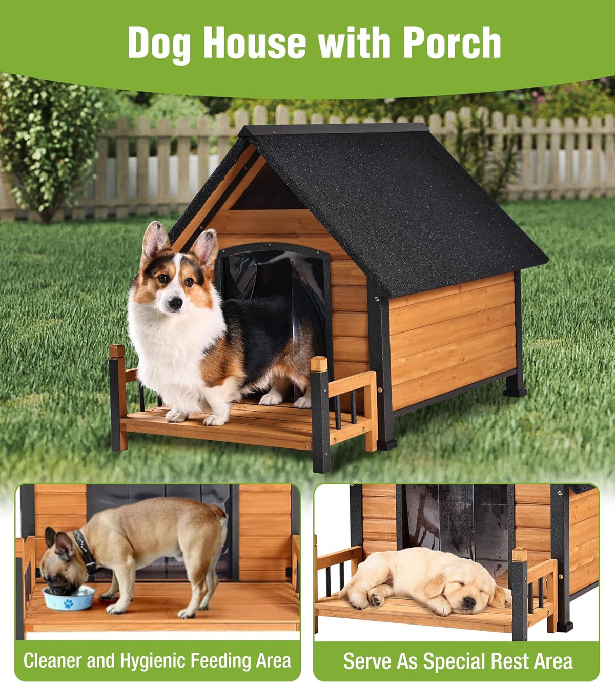 GUTINNEEN Dog House Outdoor Weatherproof with Porch, Puppy Shelter Indoor with Anti-Bite Design