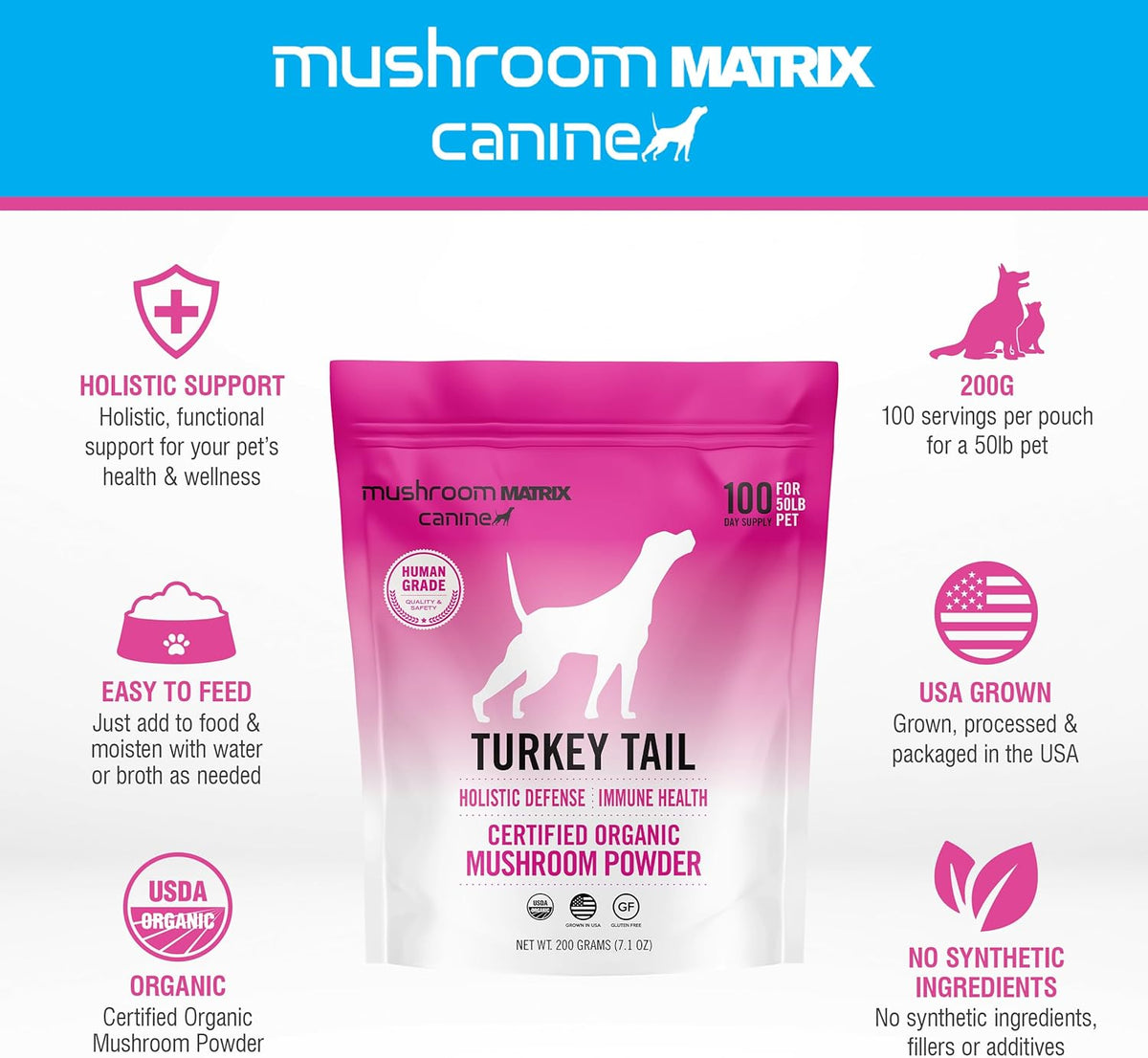 Om Mushroom Matrix Turkey Tail Mushroom Pet Supplement Powder, Provides Immunity Support & Holistic