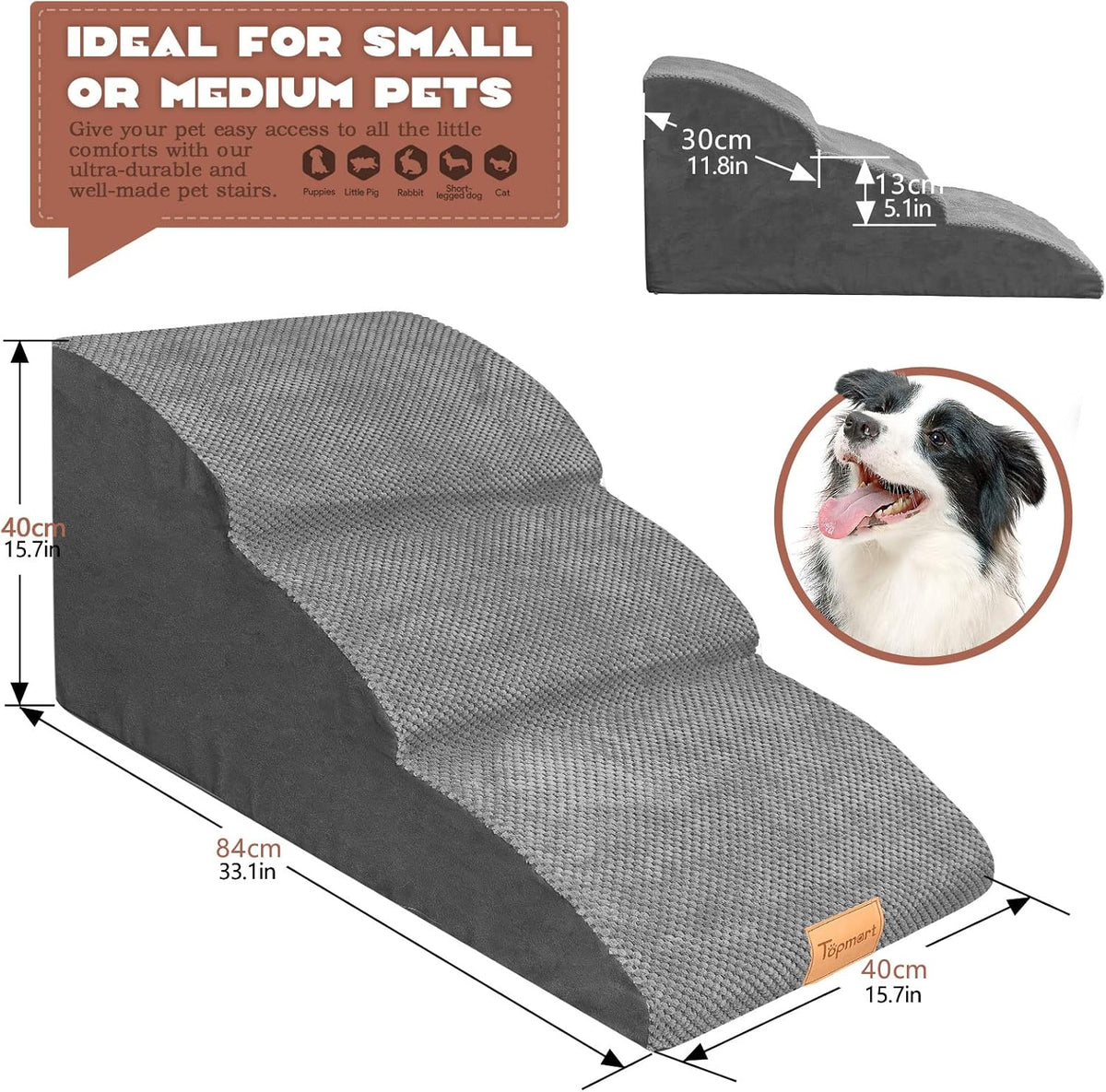 Topmart High Density Extended Foam Dog Ramp&Steps 3 Tiers,15.7" High,Non-Slip Dog Stairs with