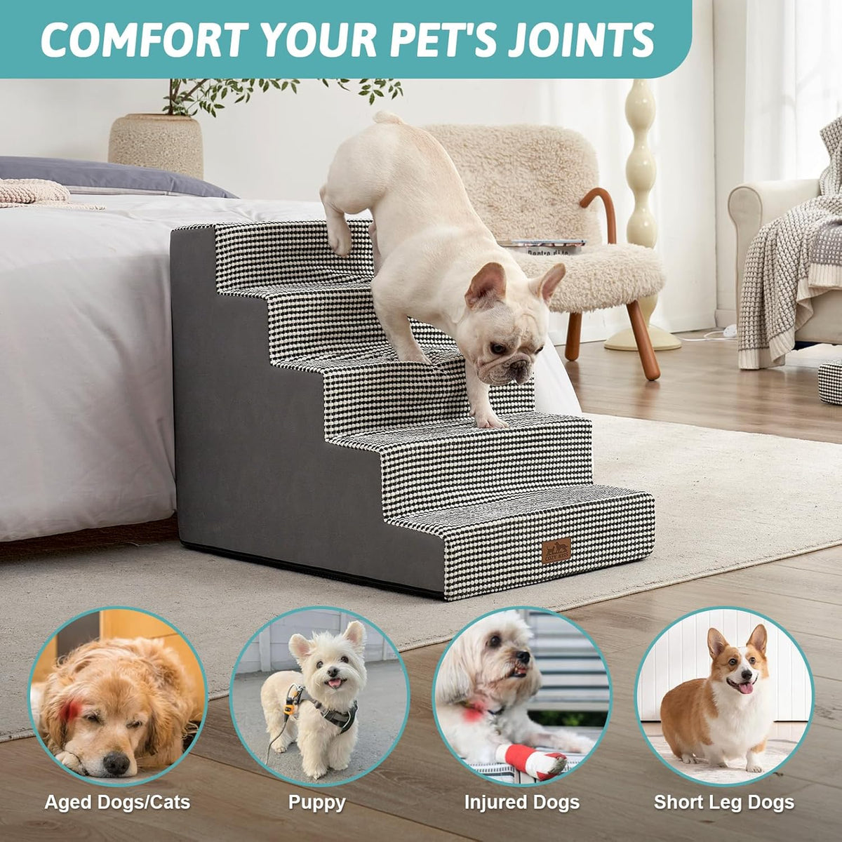 Dog Stairs for Small Dogs, 5 Tier Wider Pet Stairs for High Beds, 23.6" H Non-Slip Dog Steps for