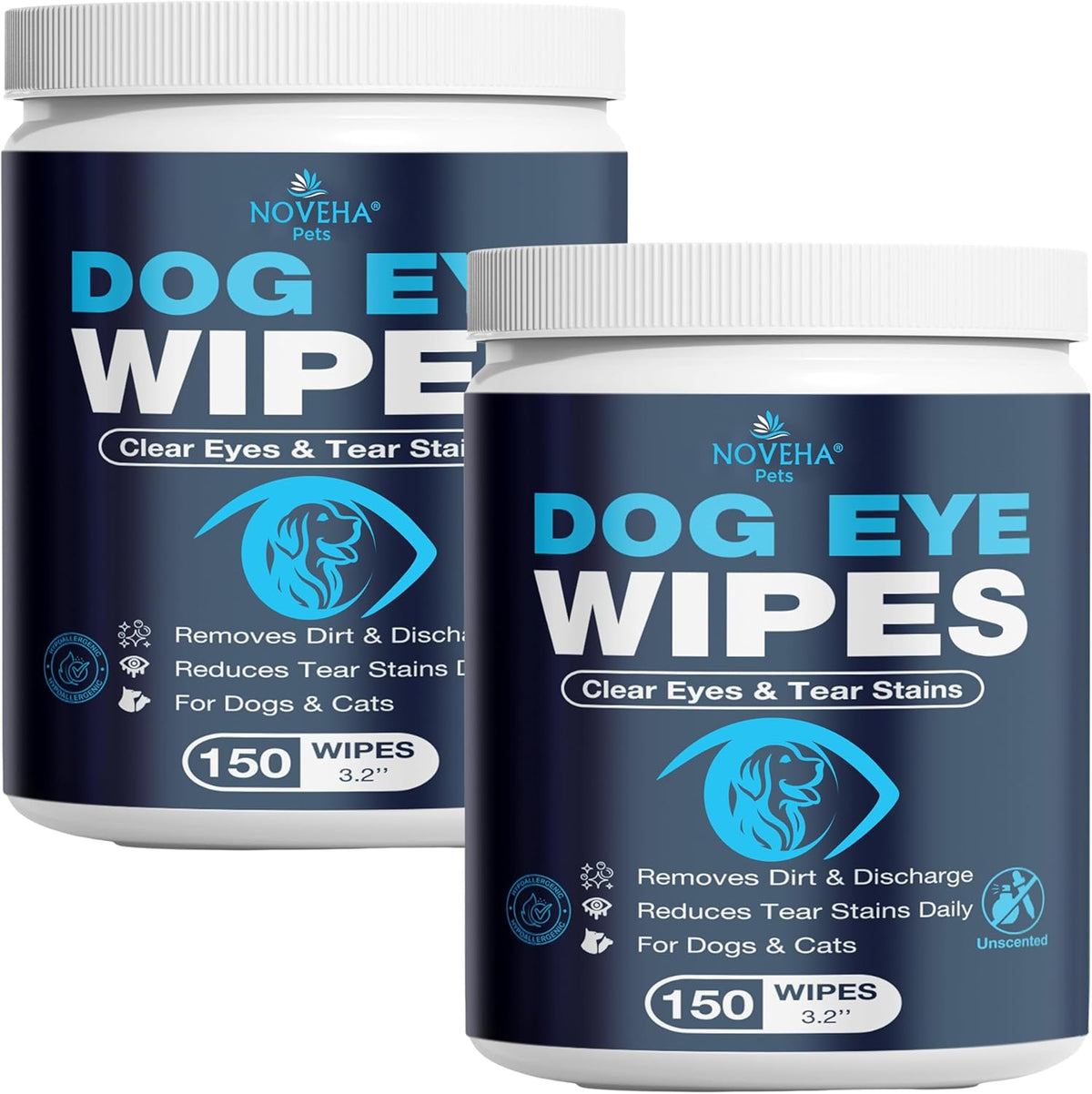 NOVEHA Cat & Dog Eye Wipes Tear Stain Remover for Discharge and Crust | White Pet Face Wipes | Easy