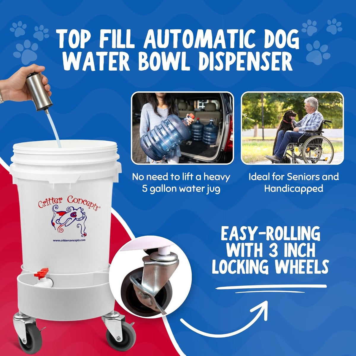 Pet Gravity Water Dispenser: 5 Gallon. for Dogs, Cats, Goats, Small Animals. Quiet, No BPA and Made