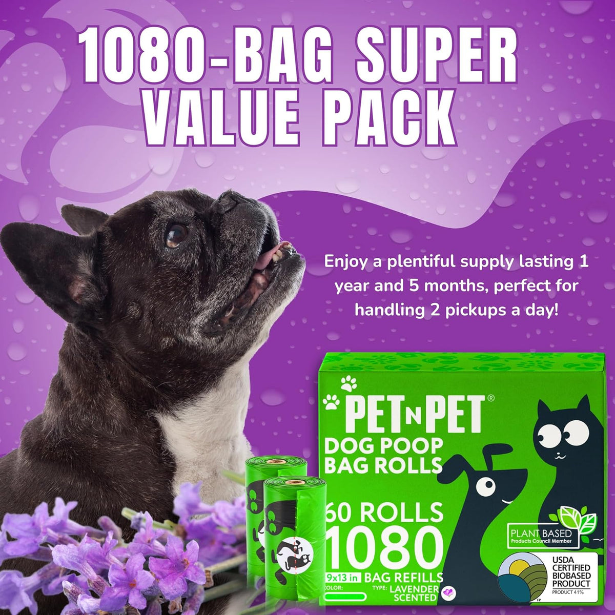 Pet N Pet 1080 Counts Green Poop Bags for Dogs, 41% Plant Based & 59% PE Extra Thick Dog Poop Bags