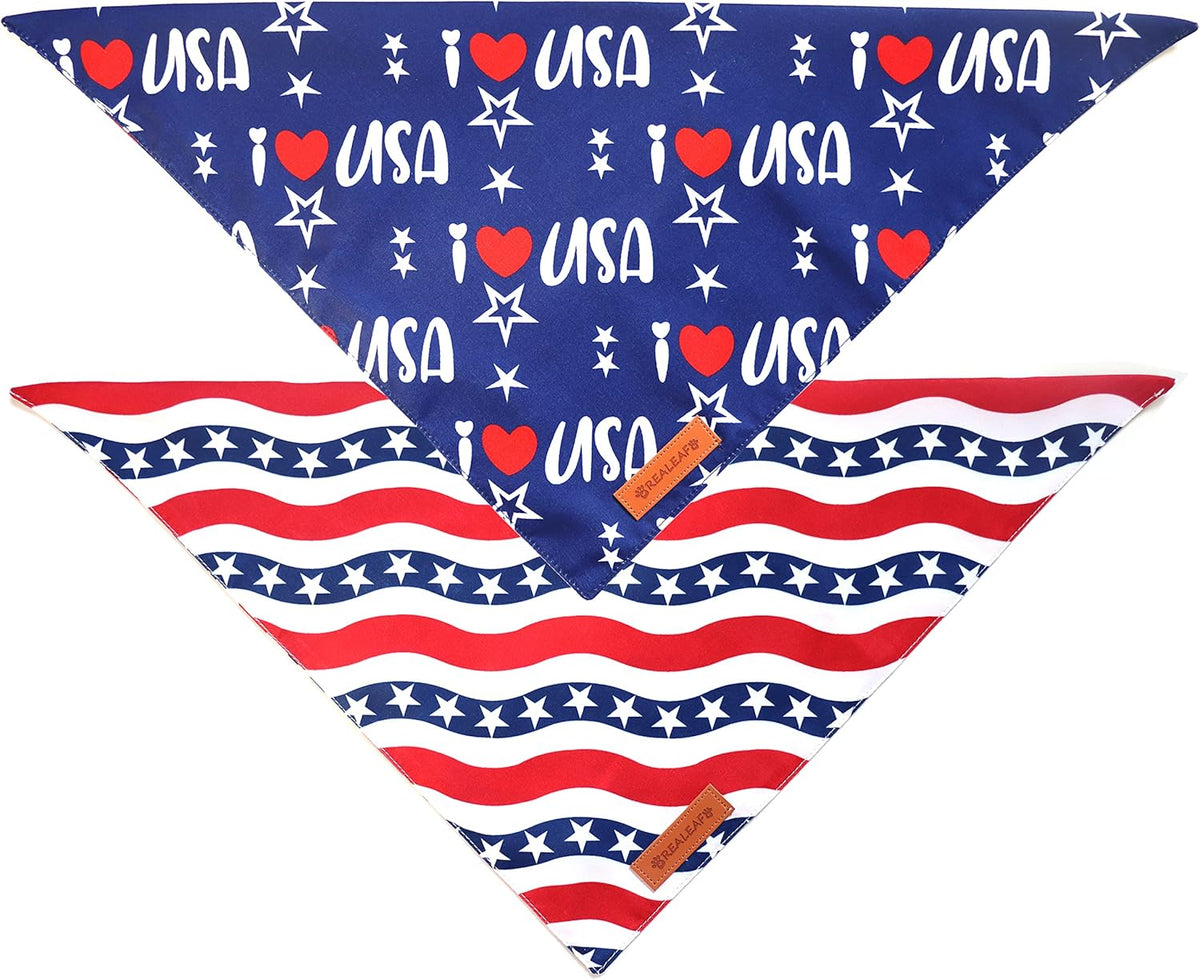 Realeaf 4th of July Dog Bandanas 2 Pack, Triangle Reversible American Flag Pet Patriotic Scarf for