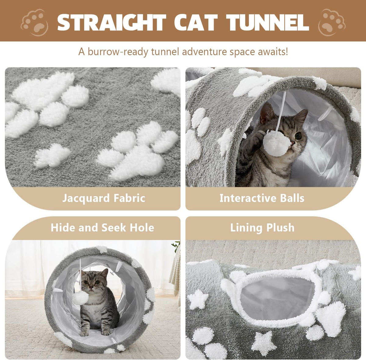 Straight Cat Tunnel for Indoor Cats 47"x12", Cute Cat Toys Collapsible Tunnel Tube with Balls for