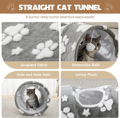 Straight Cat Tunnel for Indoor Cats 47"x12", Cute Cat Toys Collapsible Tunnel Tube with Balls for
