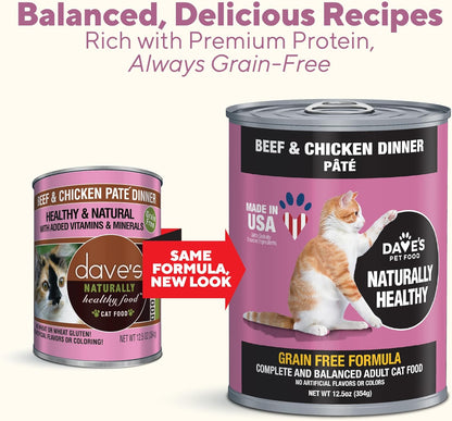 Dave's Pet Food Grain Free Wet Cat Food Pate (Beef & Chicken), Made in USA Naturally Healthy