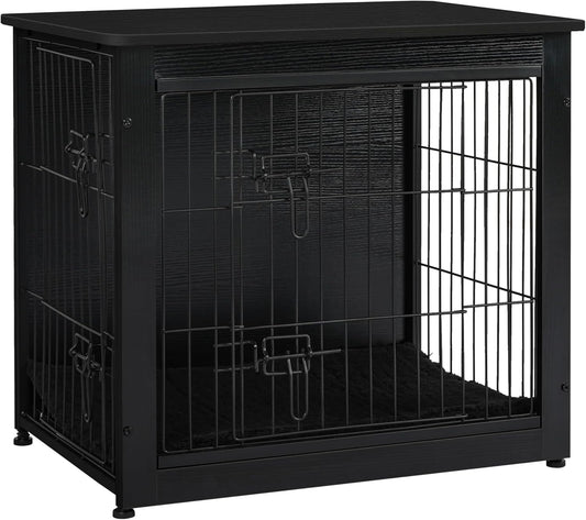 DWANTON Dog Crate Furniture with Cushion, Wooden Kennel Table with Double Doors, Indoor Dog House