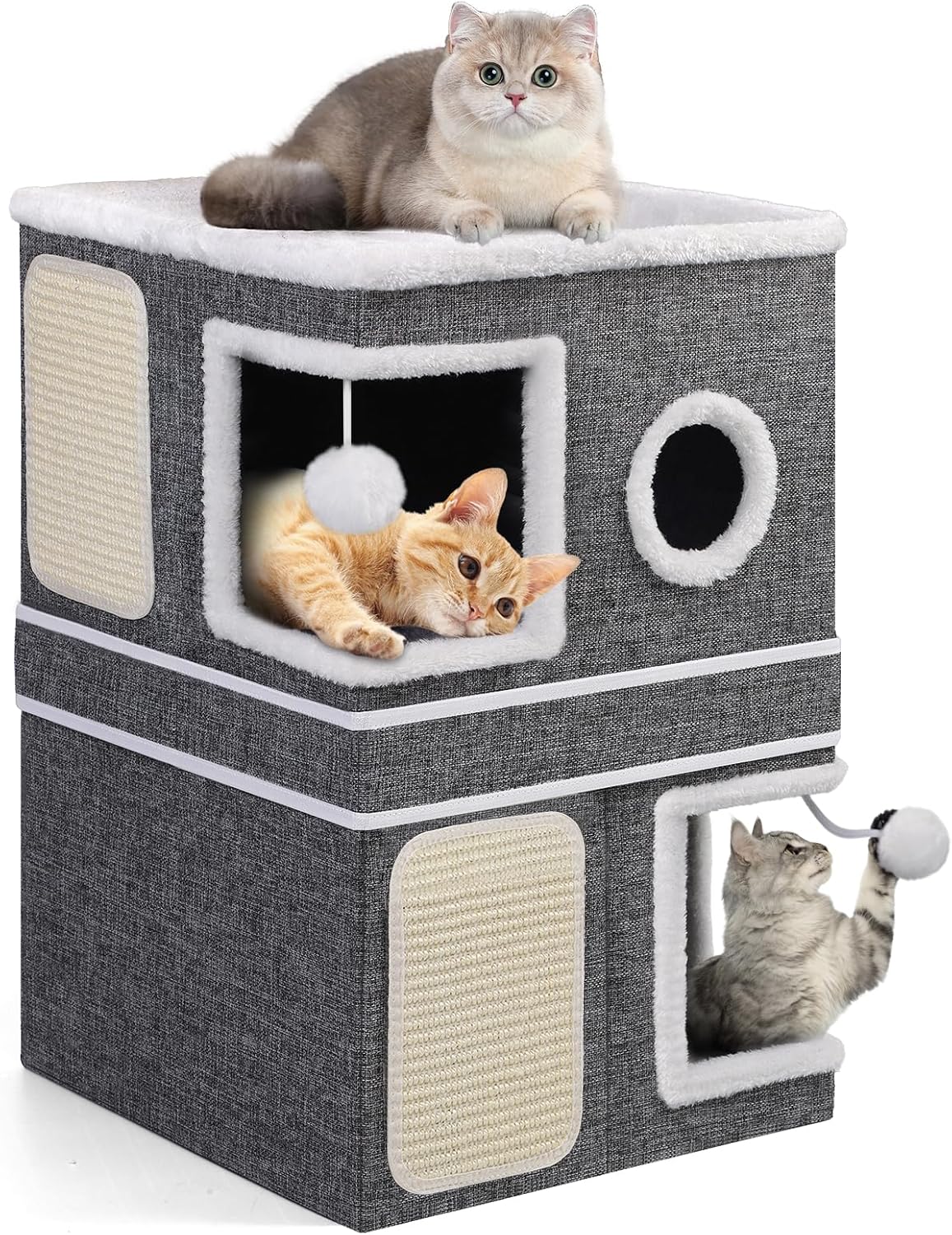 2-Storey Cat House for Indoor Cats, Separate Into 2 Large Cat Bed Cave with Hideaway Condos