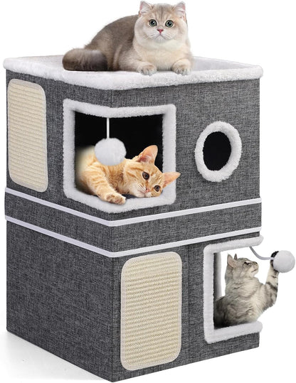 2-Storey Cat House for Indoor Cats, Separate Into 2 Large Cat Bed Cave with Hideaway Condos