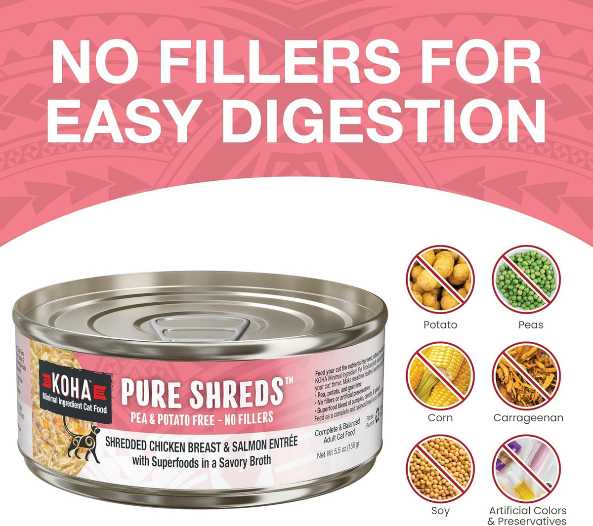 KOHA Pure Shreds Chicken and Salmon Entrée for Cats, High Protein Wet Cat Food, 2.8oz Cans (Pack of